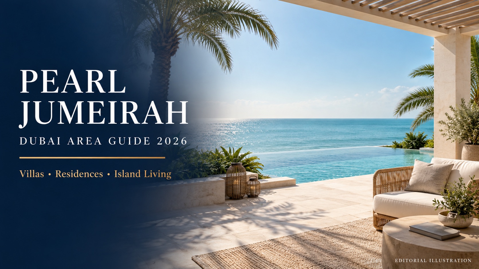 Editorial illustration of a coastal villa terrace beside the sea, with Pearl Jumeirah Dubai Area Guide 2026 title