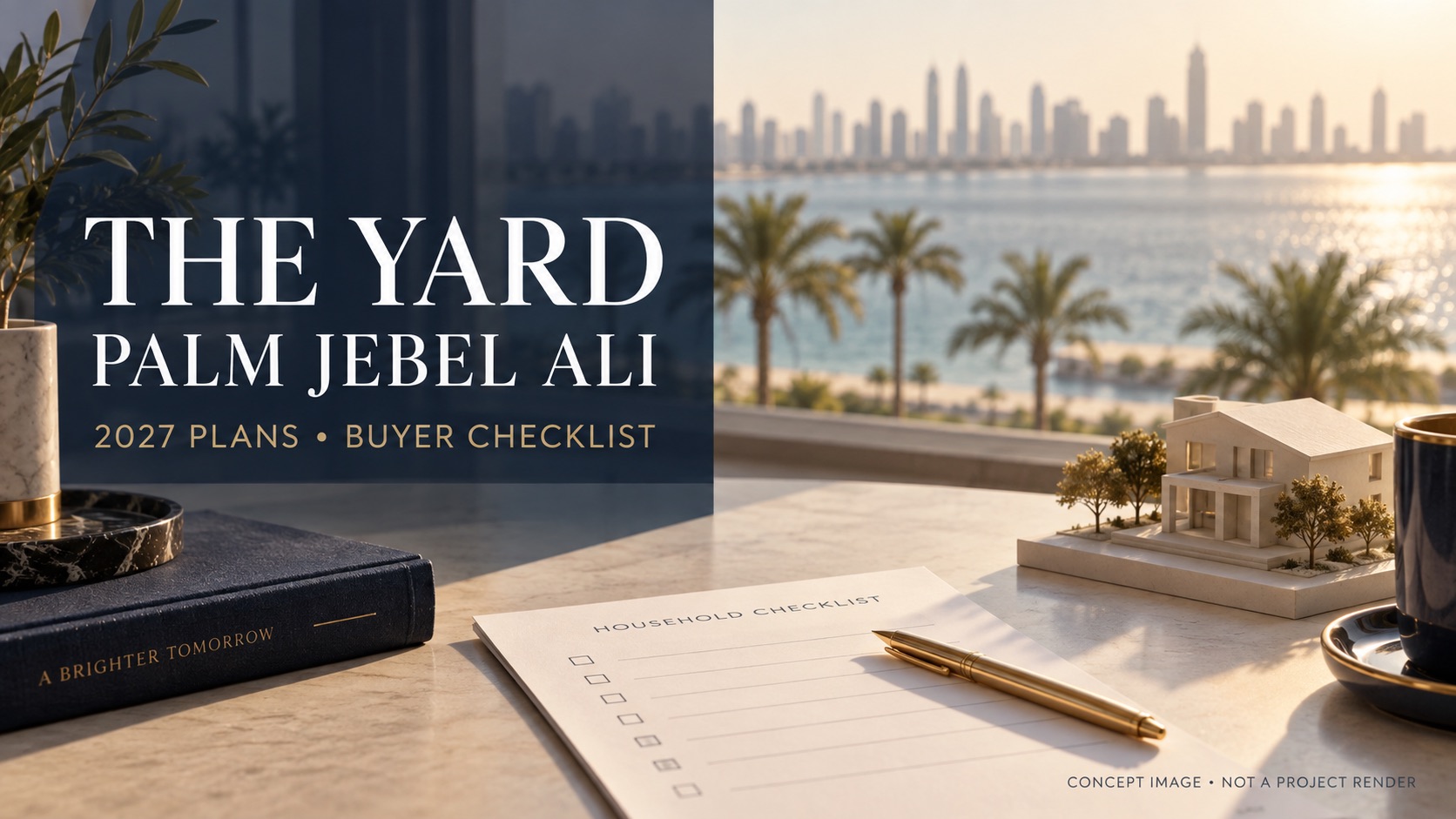 Concept illustration of a household checklist and model home beside a waterfront window, with The Yard Palm Jebel Ali 2027 title