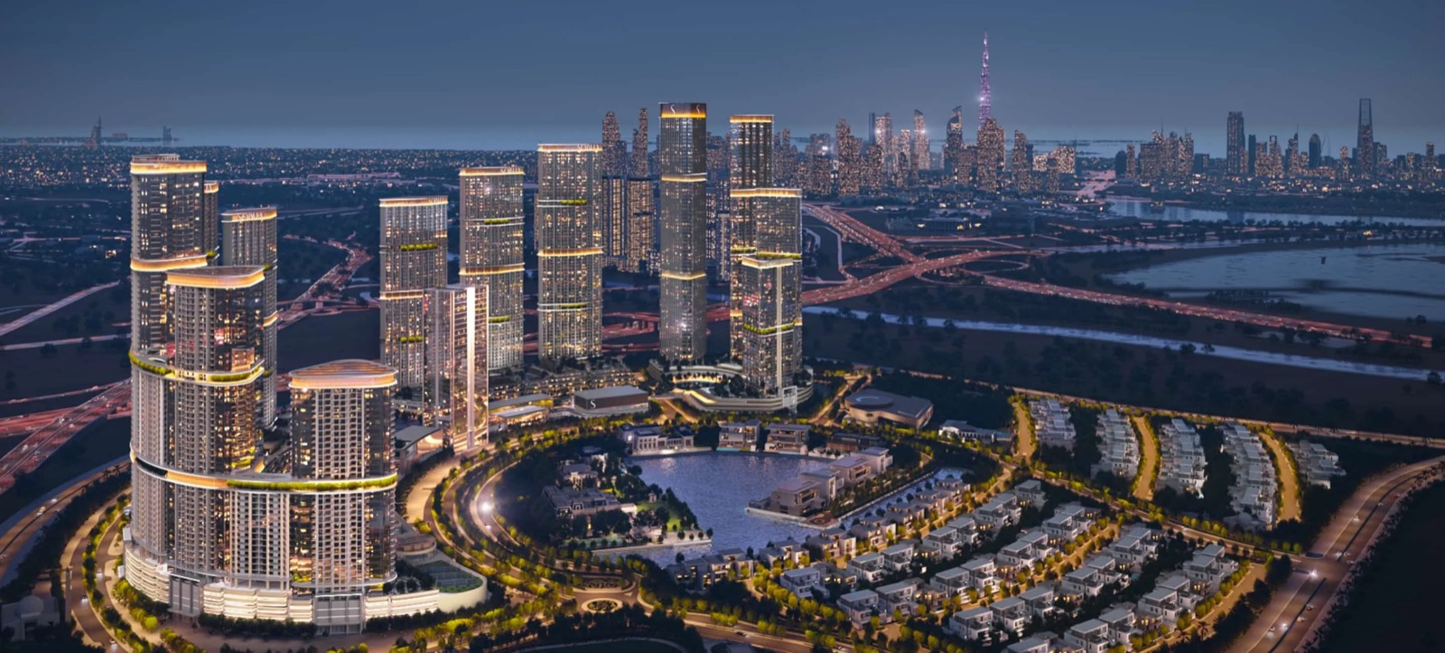 Sobha Hartland II towers aerial render with Dubai skyline